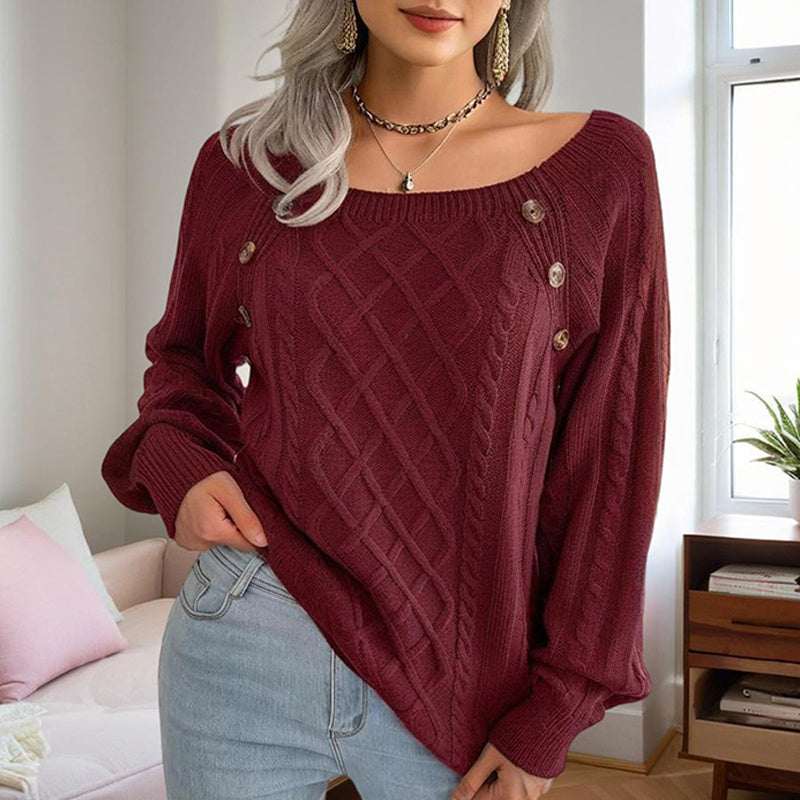 Pull Femme Automne-Hiver – Col Carré & Boutons Déco